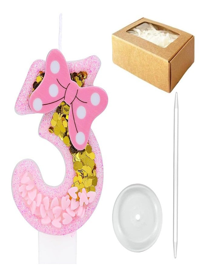 Aprildecember Girls Pink Number Birthday Candle, Gold Glitter Pink Number Candle with Bow, Princess Girls Women Sweet Theme Birthday Party Decoration Cake Topper (Number 3) - Image 1